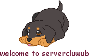 A playful, crouching Dobermann puppy and text which reads welcome to servercluwub.