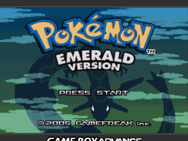 A mockup of the Pokémon - Emerald Version title screen at a non-integer scale with a G B A reminiscent bezel on the top and bottom and an L C D like grid.