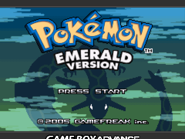 A mockup of the Pokémon - Emerald Version title screen at a non-integer scale with a G B A reminiscent bezel on the top and bottom.