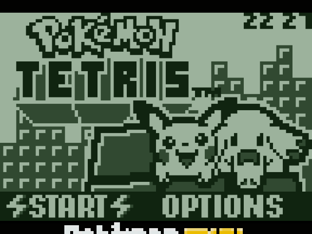 A mockup of the title screen of Pokémon Shock Tetris with a bezel on the top and bottom reminiscent of the Pokémon Mini.