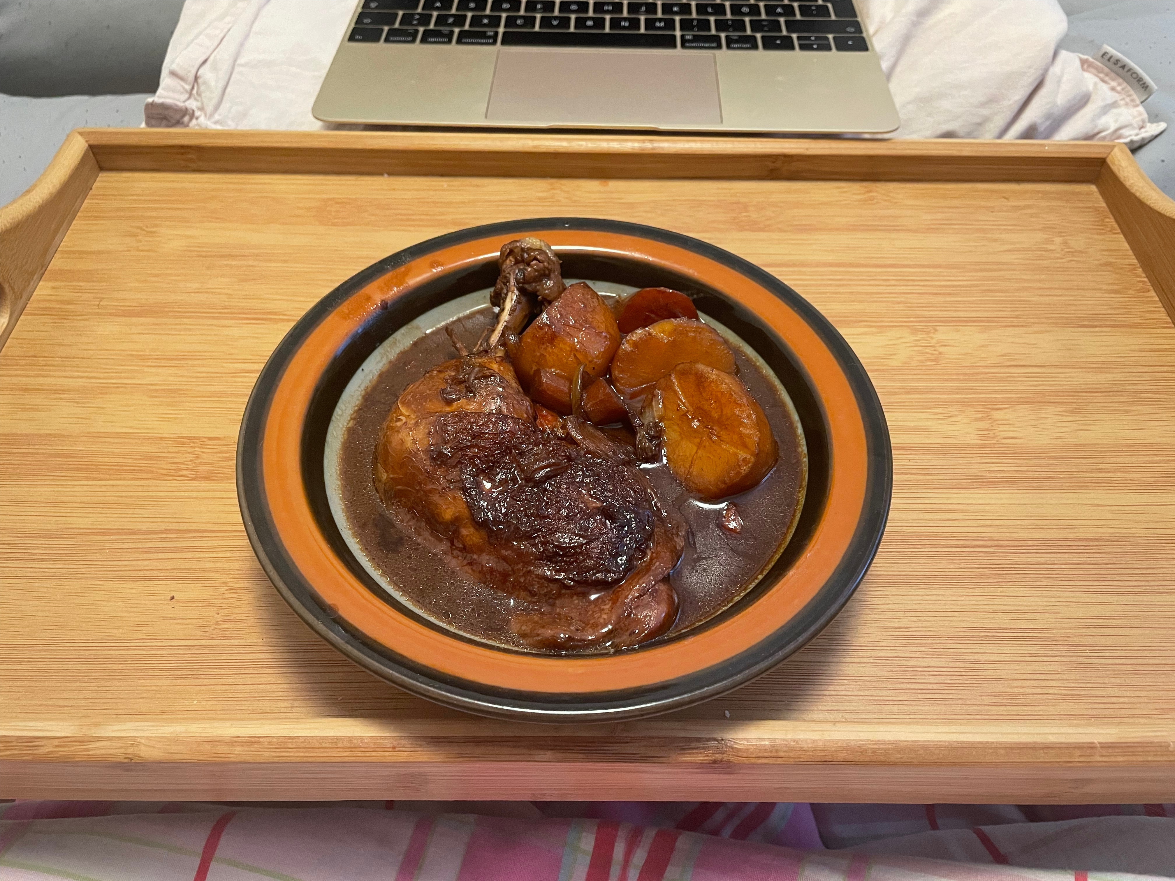 A bowl of chicken stew containing one chicken leg, chunks of potatoes and carrots, and a dark broth.